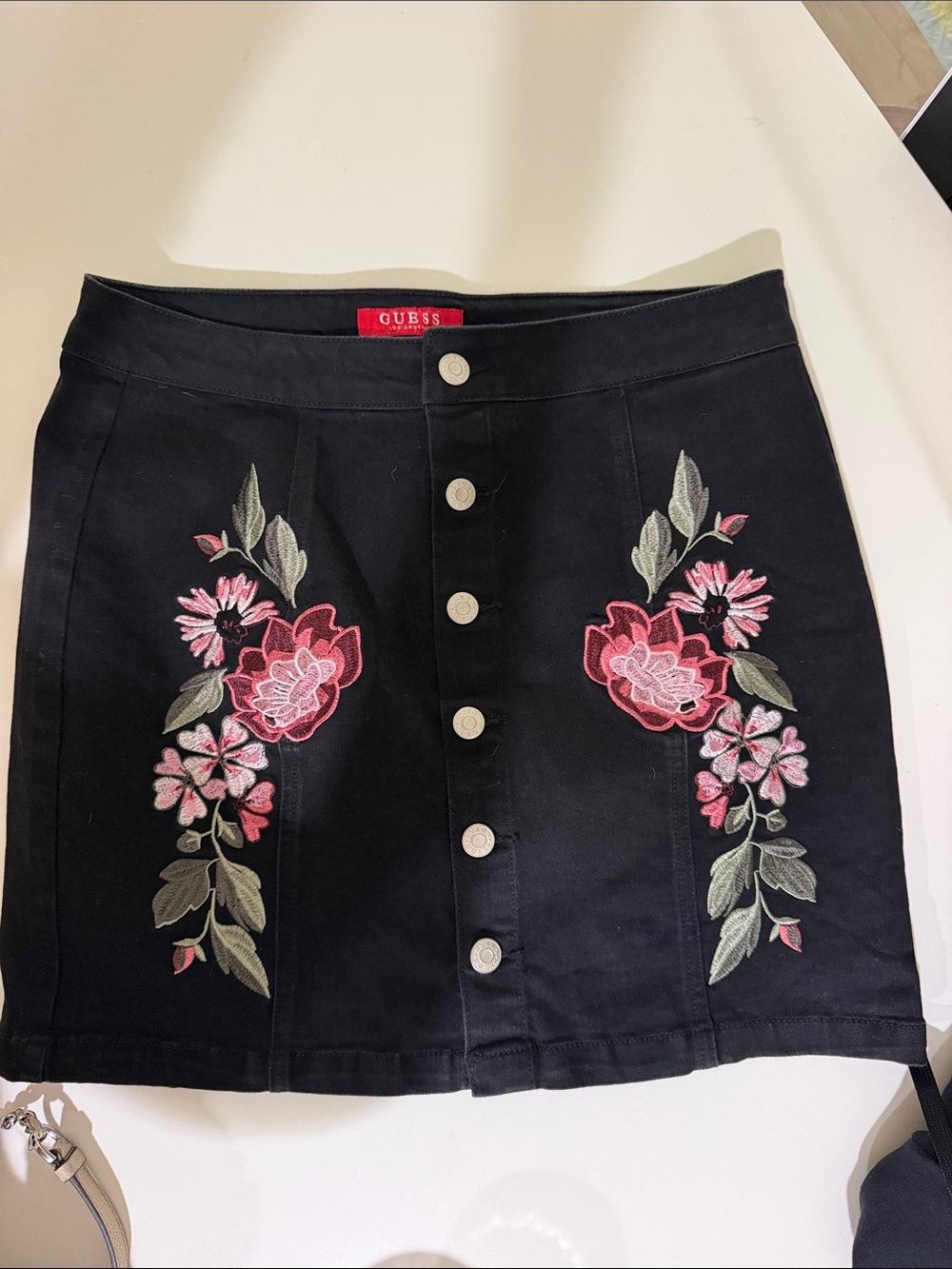GUESS Black Mini Skirt with Pink Floral Embroidery